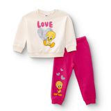 Looney Tunes Kız Bebek Lisans Eşofman Takımı Baskılı Bisiklet Yaka Long Sleeve Ribanalı - Ekru