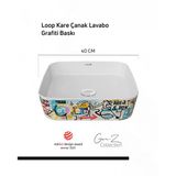 Loop Gen-Z Kare 40 Cm Masa Üstü İnce Lavabo Grafiti Baskı Extra Beyaz