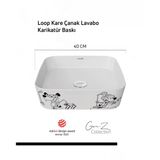 Loop Gen-Z Kare 40 Cm Masa Üstü İnce Lavabo Karikatür Baskı Extra Beyaz