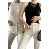 Loosh Kadın Ekru Siyah 2'Li Halter Yaka Pamuklu Basic Atlet - Ekru - Siyah