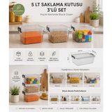 Loremp 5 Litre Kilitli Şeffaf Saklama Kutusu 3’lü Set – Istiflenebilir Çok Amaçlı Düzenleme ve Depolama Kutusu - Renk - 001-Renkli