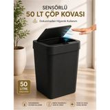 Loremp 50 Lt Sensörlü Akıllı Çöp Kovası Dokunmadan Açılan Otomatik Kapaklı Pilli Hijyenik Çöp Kutusu Siyah - 0,1 L