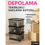 Loremp 60 Lt Tekerlekli Saklama Kutusu (3'lü Set) - Kilitli, Gıda Temasına Uygun, Şeffaf Depolama Kutusu - Standart - Renkli Beyaz
