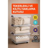 Loremp 90 LT Şeffaf Saklama Kutusu 3 Adet Kilitli Tekerlekli Depolama Düzenleme