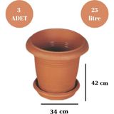 Loremp Balkon Saksı Bahçe Saksısı Büyük Boy Yuvarlak Saksı ve Altlığı 25 Litre 3 Adet 34X42 - Şeffaf