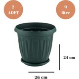 Loremp Balkon Saksı Bahçe Saksısı Büyük Boy Yuvarlak Saksı ve Altlığı 9 Litre 2 Adet 26X24 Yeşil