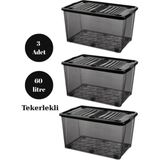 Loremp Depolama Saklama Kutusu Düzenleyici Tekerlekli Kilitli Saklama Kabı 3 Adet 60 Lt Antrasit - Standart - Renkli