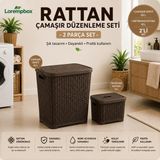 Lorempbox 2’li Rattan Çamaşır Düzenleme Seti – 55 L Kapaklı Çamaşır Sepeti + 10 L Deterjan Kutusu – Koyu Kahve
