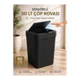 LOREMPBOX 50 LT Sensörlü Akıllı Çöp Kovası Dokunmadan Açılan Otomatik Kapaklı Pilli Hijyenik Çöp Kutusu Siyah