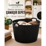 Lorempbox Örgü Desenli Çamaşır Sepeti | Geniş Hacimli, Kulplu, Dayanıklı Plastik Kirli Çamaşır Sepeti Siyah