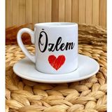 Loren Gift Kırmızı Kalp Figürlü Kişiye Özel İsimli Türk Kahvesi Fincanı – Porselen 90 ml - Renkli