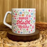 Loren Gift Super Mom Kişiye Özel Isimli Anne Temalı Porselen Lüks Kupa 250 ml - Çiçek Yağmuru - 1 Adet - Renkli