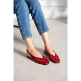 LORENN SHOES Kırmızı Kırışık Rugan Slingback Kare Burun Kemer Detaylı Arkası Açık Kadın Babet - Dory