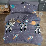 Lorien Astronot Uzay Desenli Tek Kişilik, Lastikli Çarşaflı, Çift Taraf Kullanımlı Nevresim Takımı - 160 x 220 cm - Antrasit