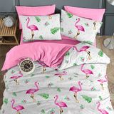 Lorien Flamingo Desenli Tek Kişilik, Lastikli Çarşaflı, Çift Taraf Kullanımlı Nevresim Takımı - 160 x 220 cm - Açık Pembe