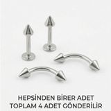 Lorivelle 4'lü Kararmaz Cerrahi Çelik Koni Uçlu Piercing Seti Kaş Göbek Tragus Helix Dudak Rook Kıkırdak Küpe - Gümüş - 8 mm