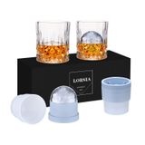 LORSIA Viski Kayaları Bardağı, 4'lü Set (2 Kristal Bourbon Bardağı, 2 Yuvarlak Büyük Buz Topu Kalıbı) Hediye Kutusunda - 10 oz Scotch Kokteyl Romu Konyak Votka Likörü için Eski Moda Bardaklar, Erkekler için