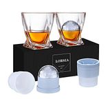 LORSIA Viski Kayaları Bardağı, 4'lü Set (2 Kristal Bourbon Bardağı, 2 Yuvarlak Büyük Buz Topu Kalıbı) Hediye Kutusunda - 325 ml Scotch Kokteyl Rum Konyak Votka Likörü için Eski Moda Bardaklar, Erkekler için