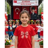 Lorvex 23 Nisan Temalı Kırmızı Kareli Kurdele Baskı Çocuk-Yetişkin Tshirt Tişört - 24-Kırmızı - 11 - 12 Yaş
