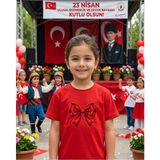 Lorvex 23 Nisan Temalı Kırmızı Kurdele Baskı Çocuk-Yetişkin Tshirt Tişört - 24-Kırmızı - 11 - 12 Yaş