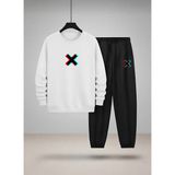 Lorvex 3 Iplik Şardonlu Sweatshirt-Eşofman Takım Unısex Çocuk Bisiklet Yaka Çarpı Baskılı - 11 - 12 Yaş - 001-Beyaz
