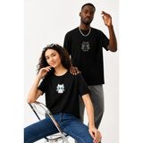 Lorvex Çift Kombin Erkek-Kadın Oversize T-Shirt %100 Pamuk Baskılı Rahat Kalıp Sevgili Tişörtü 2'li - 0-Siyah - L - XL