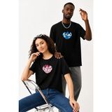 Lorvex Çift Kombin Erkek-Kadın Oversize T-Shirt %100 Pamuk Baskılı Rahat Kalıp Sevgili Tişörtü 2'li - 0-Siyah - S - L