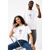 Lorvex Çift Kombin Erkek-Kadın Oversize T-Shirt %100 Pamuk Baskılı Rahat Kalıp Sevgili Tişörtü 2'li - 01-Beyaz - S - M