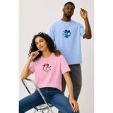 Lorvex Çift Kombin Erkek-Kadın Oversize T-Shirt %100 Pamuk Baskılı Rahat Kalıp Sevgili Tişörtü 2'li - 04G-Mavi - XL - S