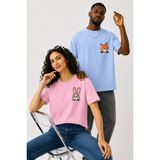 Lorvex Çift Kombin Erkek-Kadın Oversize T-Shirt %100 Pamuk Baskılı Rahat Kalıp Sevgili Tişörtü 2'li - 04G-Mavi - XL