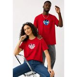 Lorvex Çift Kombin Erkek-Kadın Oversize T-Shirt %100 Pamuk Baskılı Rahat Kalıp Sevgili Tişörtü 2'li - 24-Kırmızı - M - XL