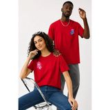 Lorvex Çift Kombin Erkek-Kadın Oversize T-Shirt %100 Pamuk Baskılı Rahat Kalıp Sevgili Tişörtü 2'li - 24-Kırmızı - XL