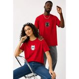 Lorvex Çift Kombin Erkek-Kadın Oversize T-Shirt %100 Pamuk Baskılı Rahat Kalıp Sevgili Tişörtü 2'li - 24-Kırmızı
