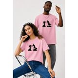 Lorvex Çift Kombin Erkek-Kadın Oversize T-Shirt %100 Pamuk Baskılı Rahat Kalıp Sevgili Tişörtü 2'li - 50-Pembe - L - XL