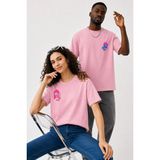 Lorvex Çift Kombin Erkek-Kadın Oversize T-Shirt %100 Pamuk Baskılı Rahat Kalıp Sevgili Tişörtü 2'li - 50-Pembe