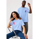 Lorvex Çift Kombin Erkek-Kadın Oversize T-Shirt %100 Pamuk Baskılı Rahat Kalıp Sevgili Tişörtü 2'li - 8-Mavi - M - XL