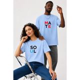Lorvex Çift Kombin Erkek-Kadın Oversize T-Shirt %100 Pamuk Baskılı Rahat Kalıp Sevgili Tişörtü 2'li - 8-Mavi - S - L