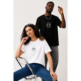 Lorvex Çift Kombin Erkek-Kadın Oversize T-Shirt %100 Pamuk Baskılı Rahat Kalıp Sevgili Tişörtü 2'li - Altın - Beyaz - Siyah - L - XL