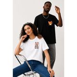Lorvex Çift Kombin Erkek-Kadın Oversize T-Shirt %100 Pamuk Baskılı Rahat Kalıp Sevgili Tişörtü 2'li - Altın - Beyaz - Siyah - M - L
