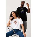 Lorvex Çift Kombin Erkek-Kadın Oversize T-Shirt %100 Pamuk Baskılı Rahat Kalıp Sevgili Tişörtü 2'li - Altın - Beyaz - Siyah - M - XL