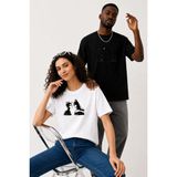 Lorvex Çift Kombin Erkek-Kadın Oversize T-Shirt %100 Pamuk Baskılı Rahat Kalıp Sevgili Tişörtü 2'li - Altın - Beyaz - Siyah - XL - S