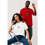 Lorvex Çift Kombin Erkek-Kadın Oversize T-Shirt %100 Pamuk Baskılı Rahat Kalıp Sevgili Tişörtü 2'li - Antrasit - Kırmızı - Beyaz - XL - S