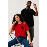 Lorvex Çift Kombin Erkek-Kadın Oversize T-Shirt %100 Pamuk Baskılı Rahat Kalıp Sevgili Tişörtü 2'li - Antrasit - Siyah - Kırmızı - M - L
