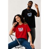 Lorvex Çift Kombin Erkek-Kadın Oversize T-Shirt %100 Pamuk Baskılı Rahat Kalıp Sevgili Tişörtü 2'li - Antrasit - Siyah - Kırmızı - M - XL