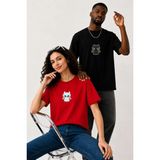 Lorvex Çift Kombin Erkek-Kadın Oversize T-Shirt %100 Pamuk Baskılı Rahat Kalıp Sevgili Tişörtü 2'li - Antrasit - Siyah - Kırmızı - S - L
