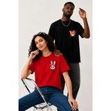 Lorvex Çift Kombin Erkek-Kadın Oversize T-Shirt %100 Pamuk Baskılı Rahat Kalıp Sevgili Tişörtü 2'li - Antrasit - Siyah - Kırmızı - S - M