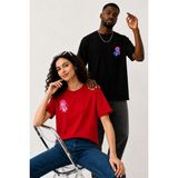 Lorvex Çift Kombin Erkek-Kadın Oversize T-Shirt %100 Pamuk Baskılı Rahat Kalıp Sevgili Tişörtü 2'li - Antrasit - Siyah - Kırmızı - XL