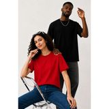 Lorvex Çift Kombin Erkek-Kadın Oversize T-Shirt %100 Pamuk Baskılı Rahat Kalıp Sevgili Tişörtü 2'li - Antrasit - Siyah - Kırmızı