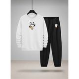 Lorvex Çocuk Bisiklet Yaka Sweatshirt ve Eşofman Takım Dövüşçü Panda Baskılı 3 Iplik Şardonlu - 9 - 10 Yaş - 001-Beyaz