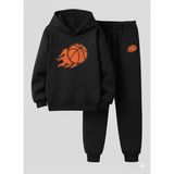 Lorvex Çocuk Kapüşonlu Basketbol Topu Baskılı 3 Iplik Şardonlu Sweatshirt Eşofman Takım Kalın Kışlık Kombin - 11 - 12 Yaş - 5-Siyah